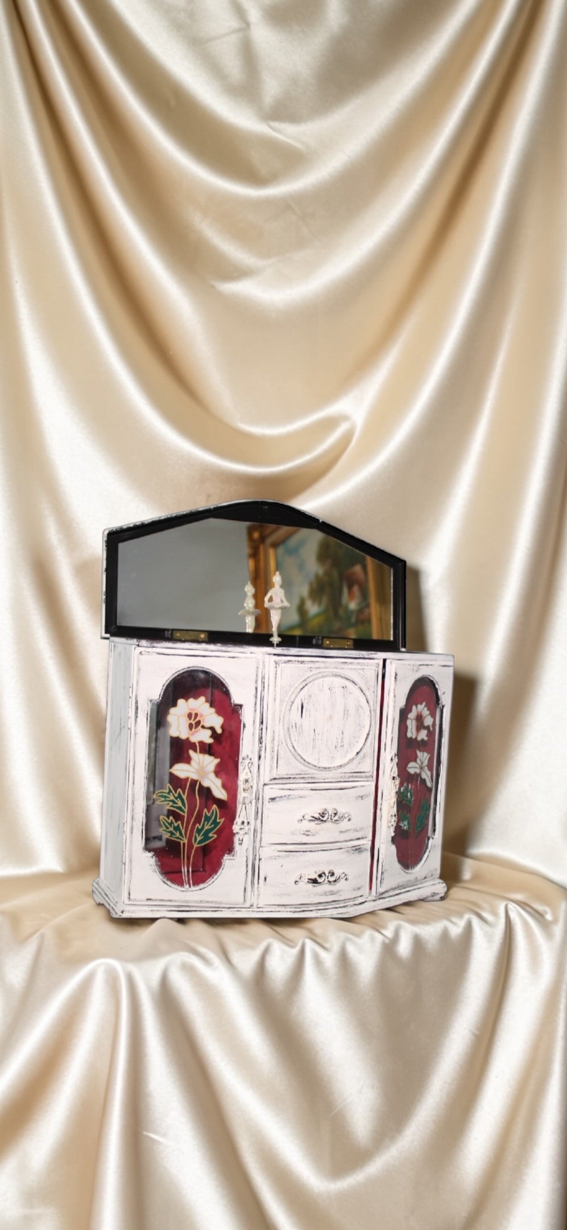 Vintage Shabby Chic Ballerina Music Jewelry box Cabinet | Rare Rotating Ballet Jewelry Armoire