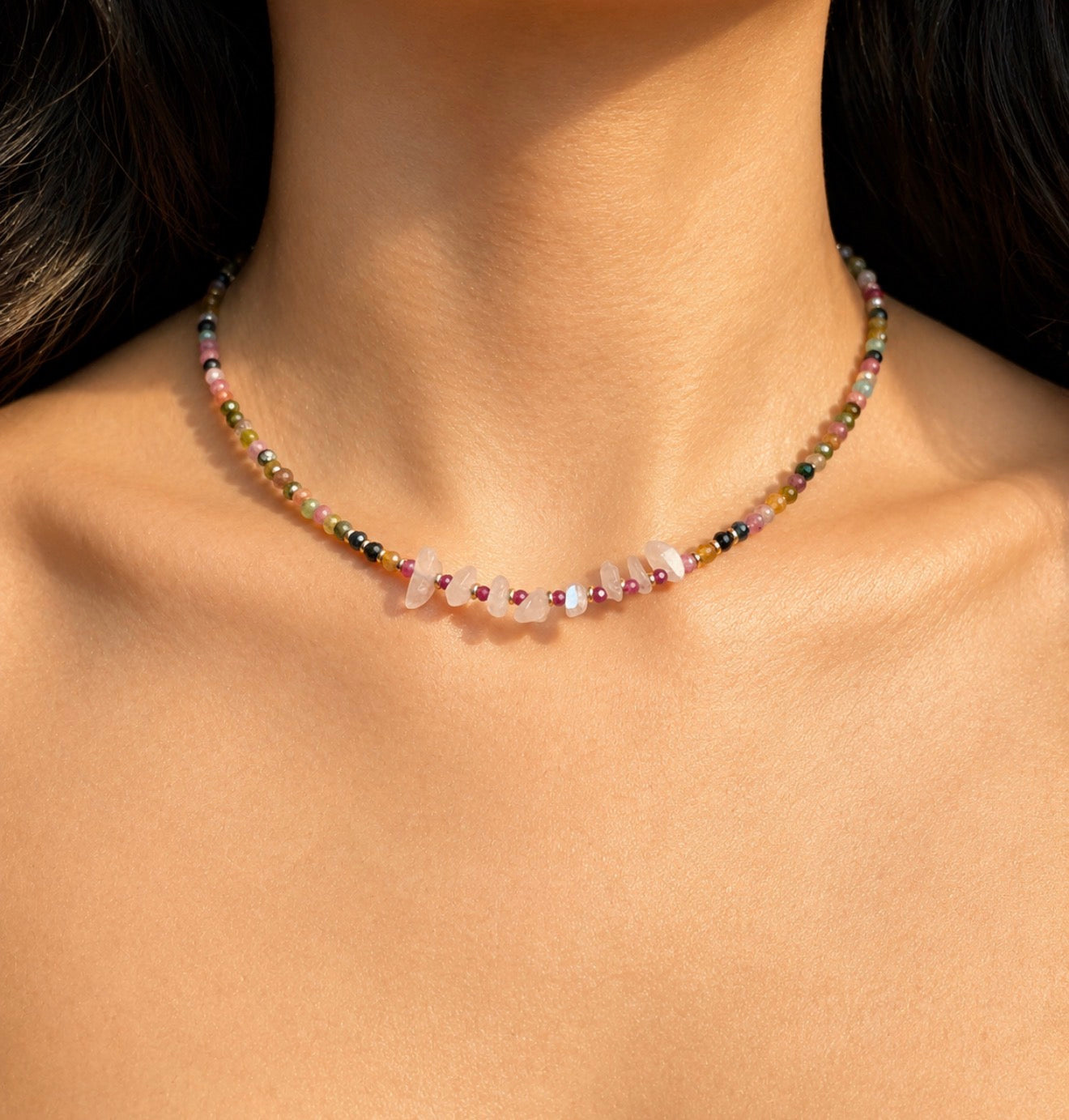 Watermelon Season • Natural Watermelon
Tourmaline Rainbow Moonstone and Ruby
Necklace with Sterling Silver Spacers
