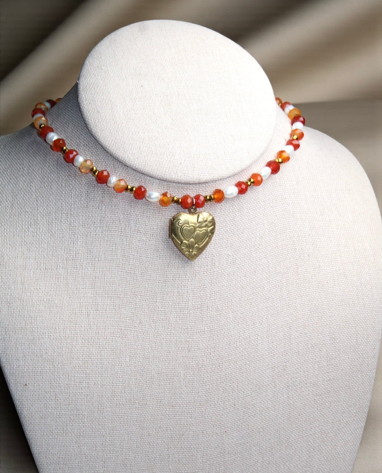 Burning Devotion
Carnelian Heart locket Pearl Choker