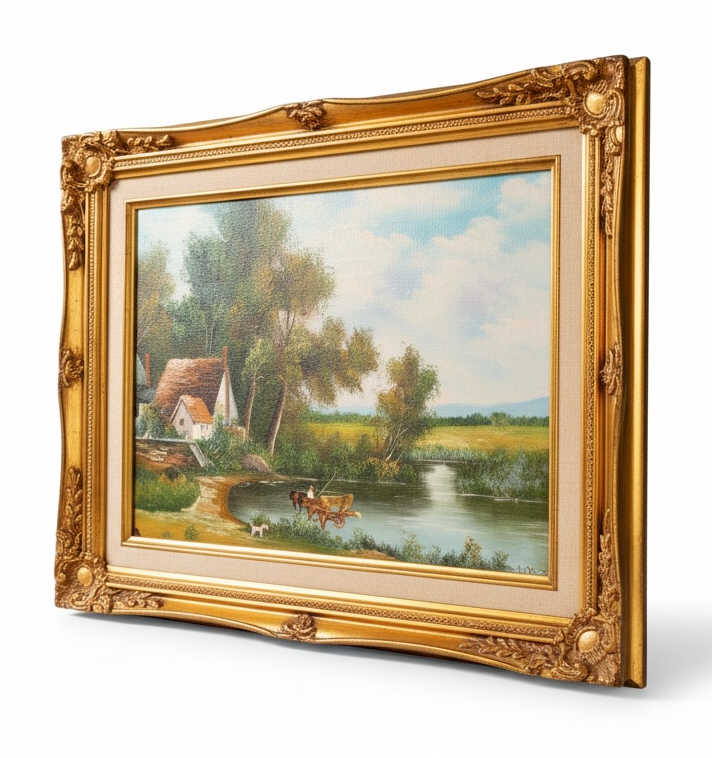 Vintage Countryside Oil Painting – Ornate Frame