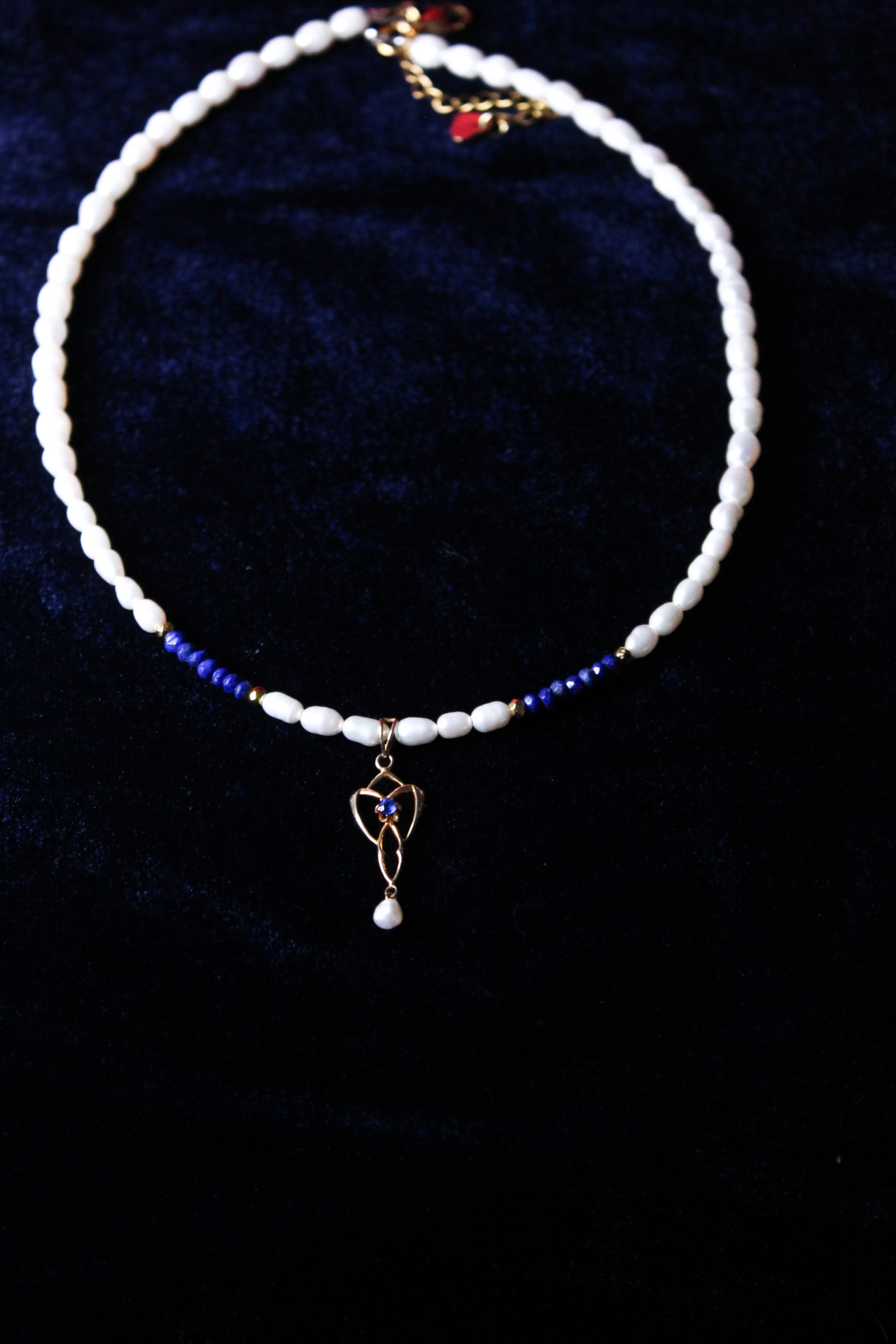 Vintage 10K Gold Lavalier, Lapis Lazuli & Pearl Necklace