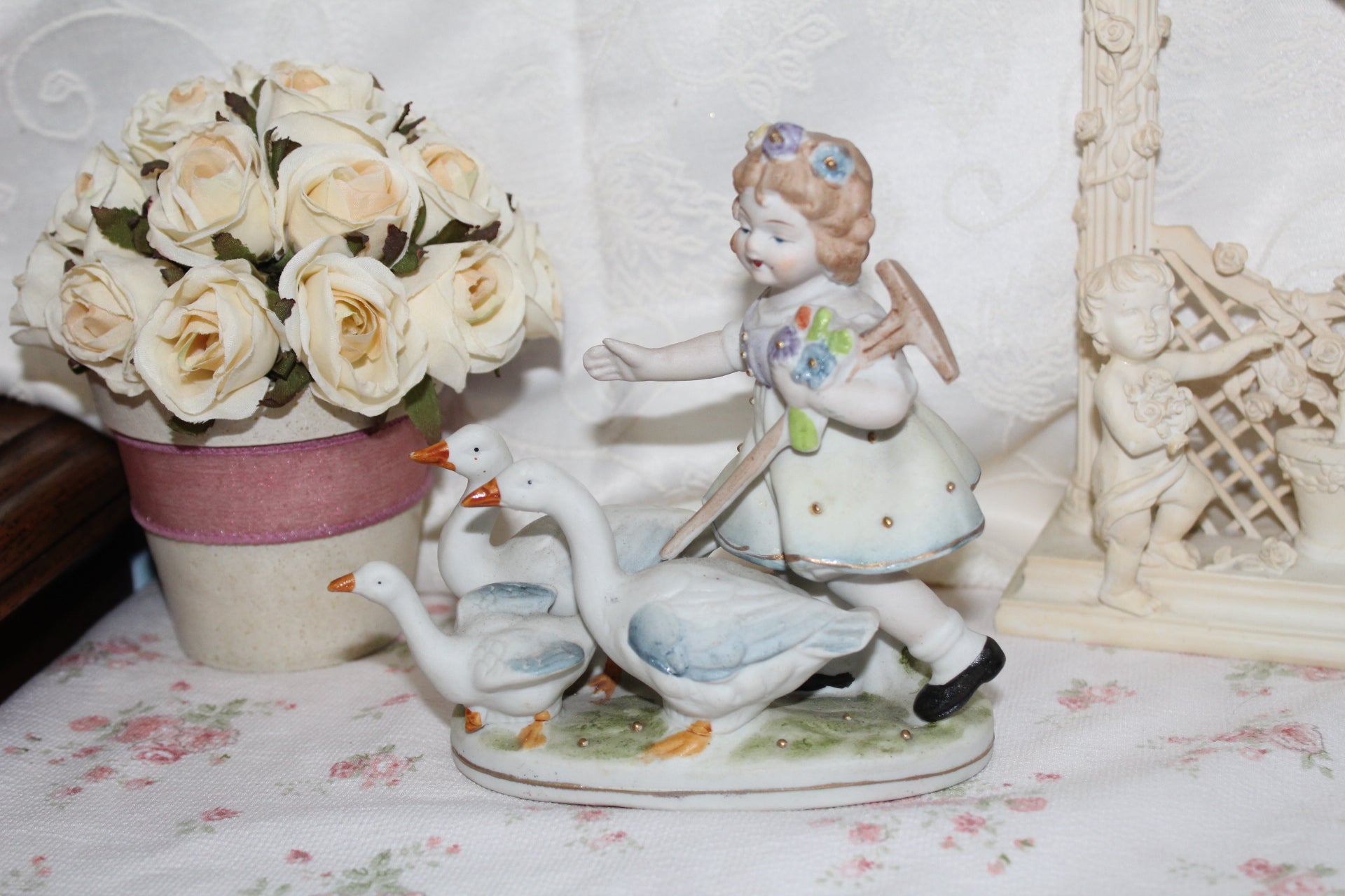 Vintage 1950s Cottage core|Girl with Geese Figurine | Pastoral Decorative Scene