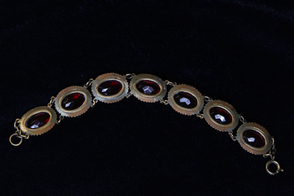Antique Czech Brass Bracelet | Faceted Red Czech Glass | 6.5” | Bohemian Jewelry
