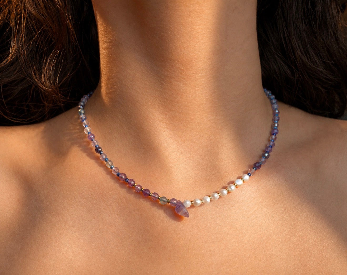 The Violet Hours - sterling silver Fluorite Lapis Lazuli Amethyst and Mother of Pearl Necklace