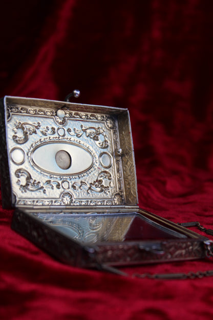 Rare Antique French Guilloché Swan Lake Compact | Jeweled Silver & Brass Vanity Case c.1920s