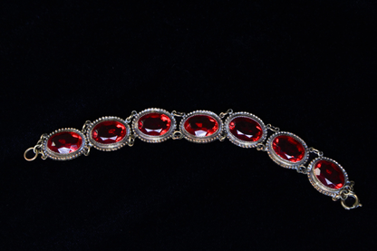 Antique Czech Brass Bracelet | Faceted Red Czech Glass | 6.5” | Bohemian Jewelry