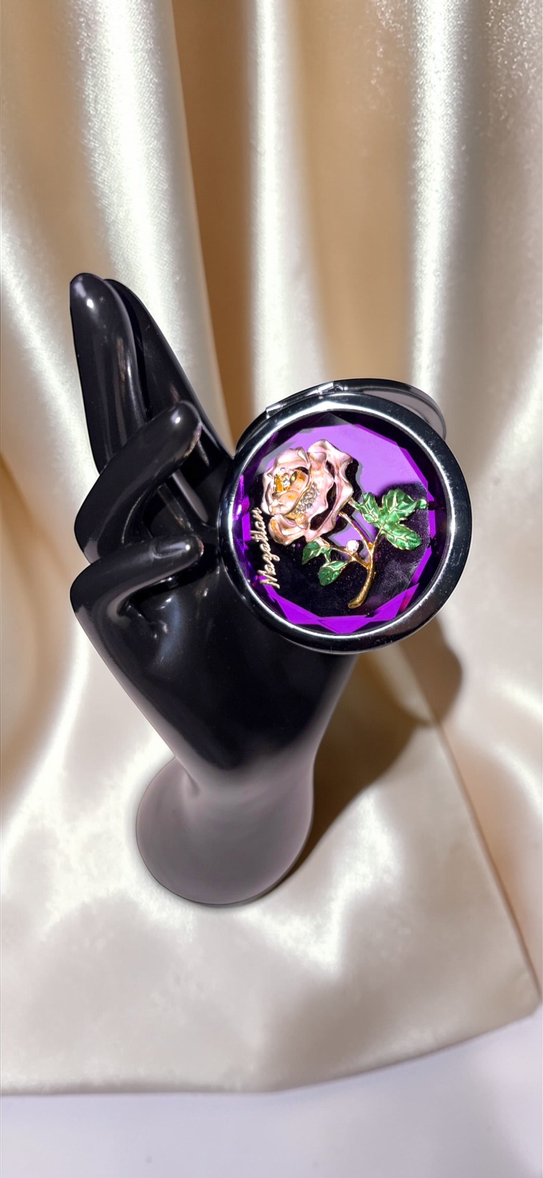 Vintage MAGATLAN Purple Faceted Enamel Rose Compact Mirror