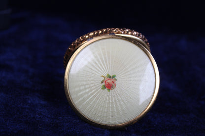 Vintage 1930s–1940s Guilloché Enamel Compact – Gold Tone Mesh Case with Rose Motif – Refillable Powder Compact