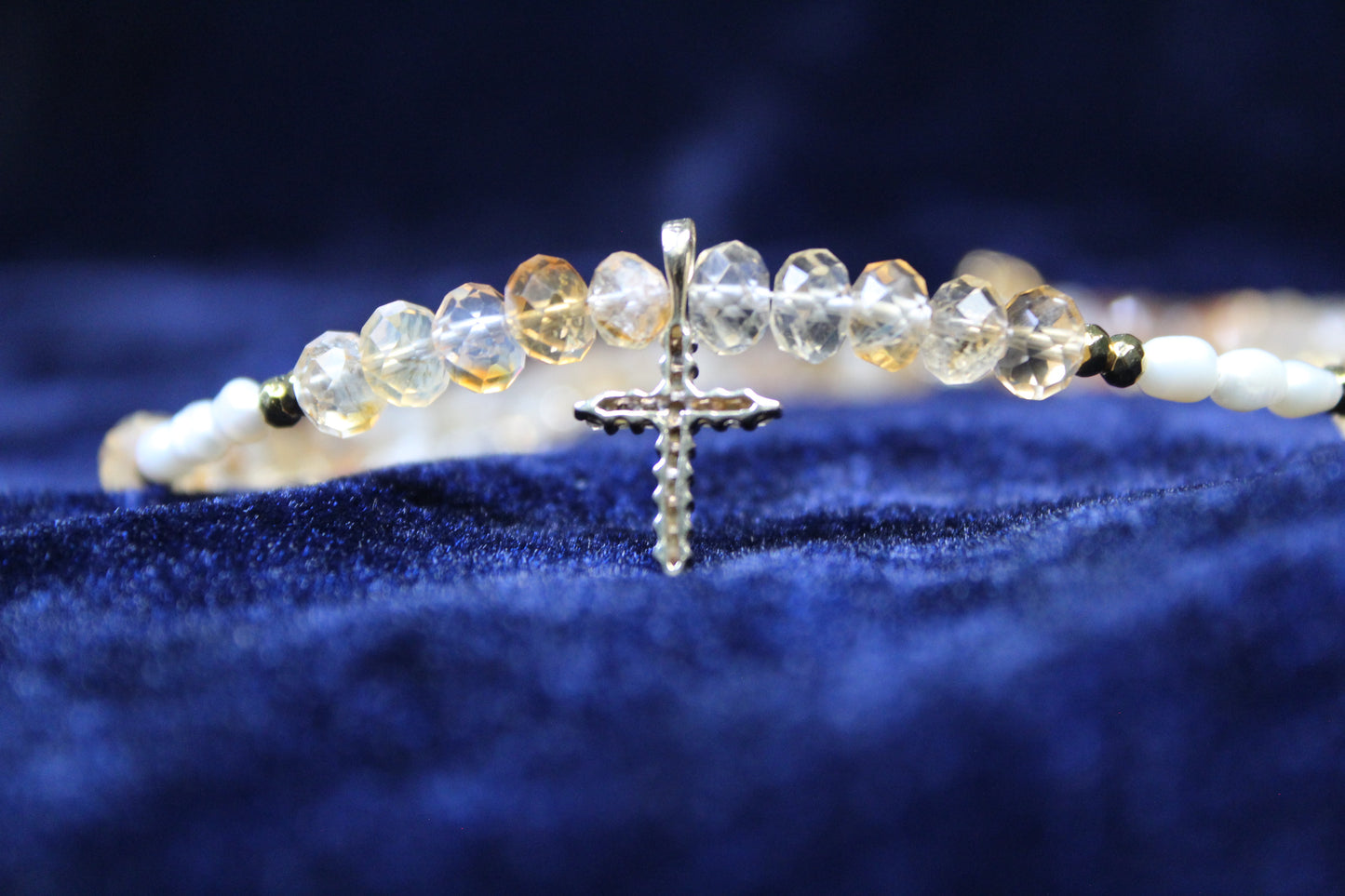 Citrine Gold Cross pendant necklace with fresh water Pearls