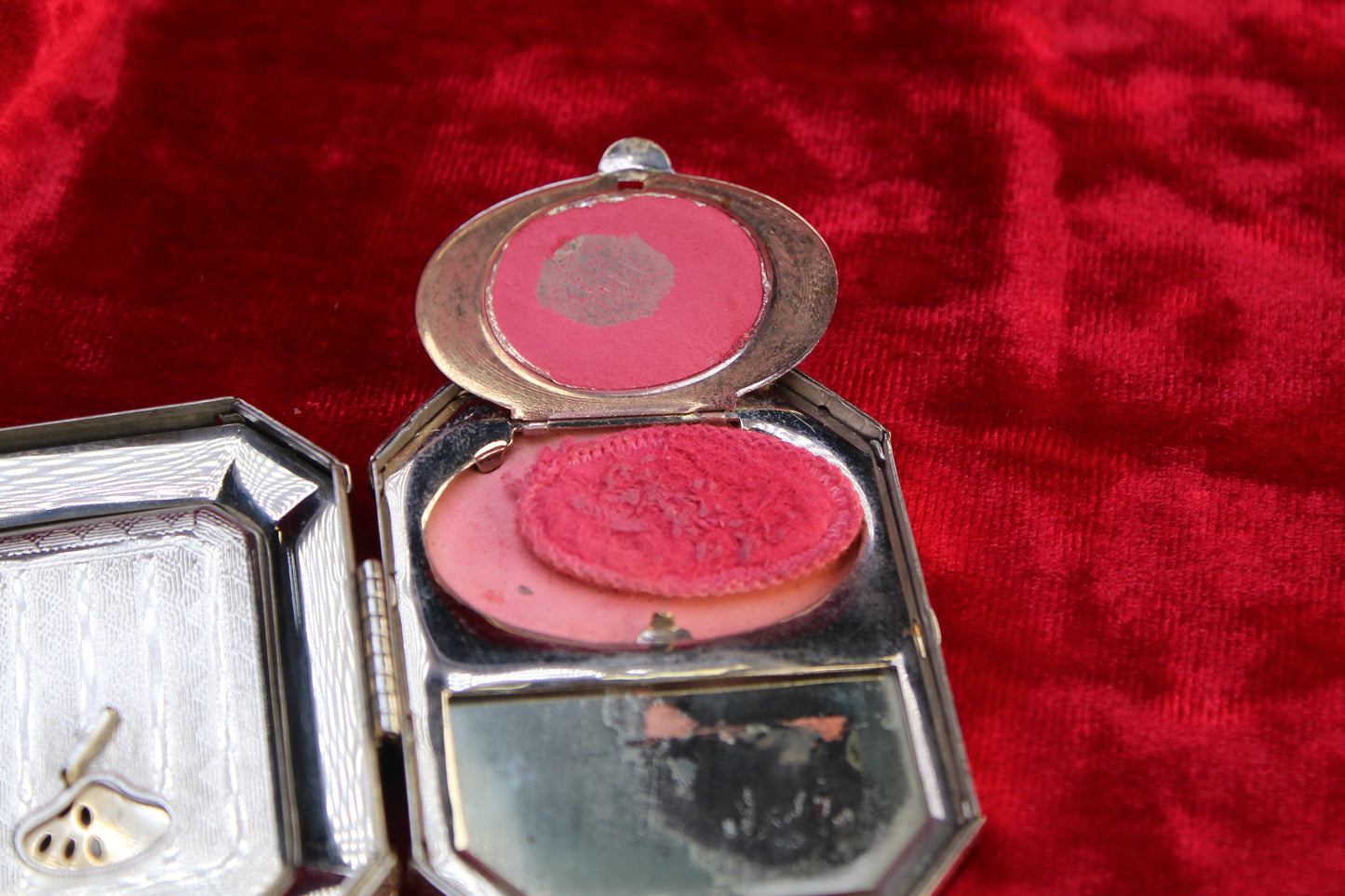 1920s Guilloché Rose Enamel Compact | Antique Art Deco Silver Tone Dance Compact with Original Powder Puff