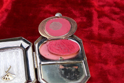 1920s Guilloché Rose Enamel Compact | Antique Art Deco Silver Tone Dance Compact with Original Powder Puff