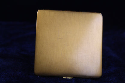 1940s Gold Tone Vanity Compact – Engraved Mask Motif, Vintage Powder Case