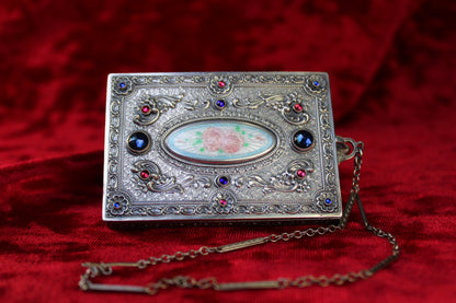 RARE Antique French Sterling Silver Guilloché Enamel Compact | Jeweled Vanity Case c. 1920s–1930s