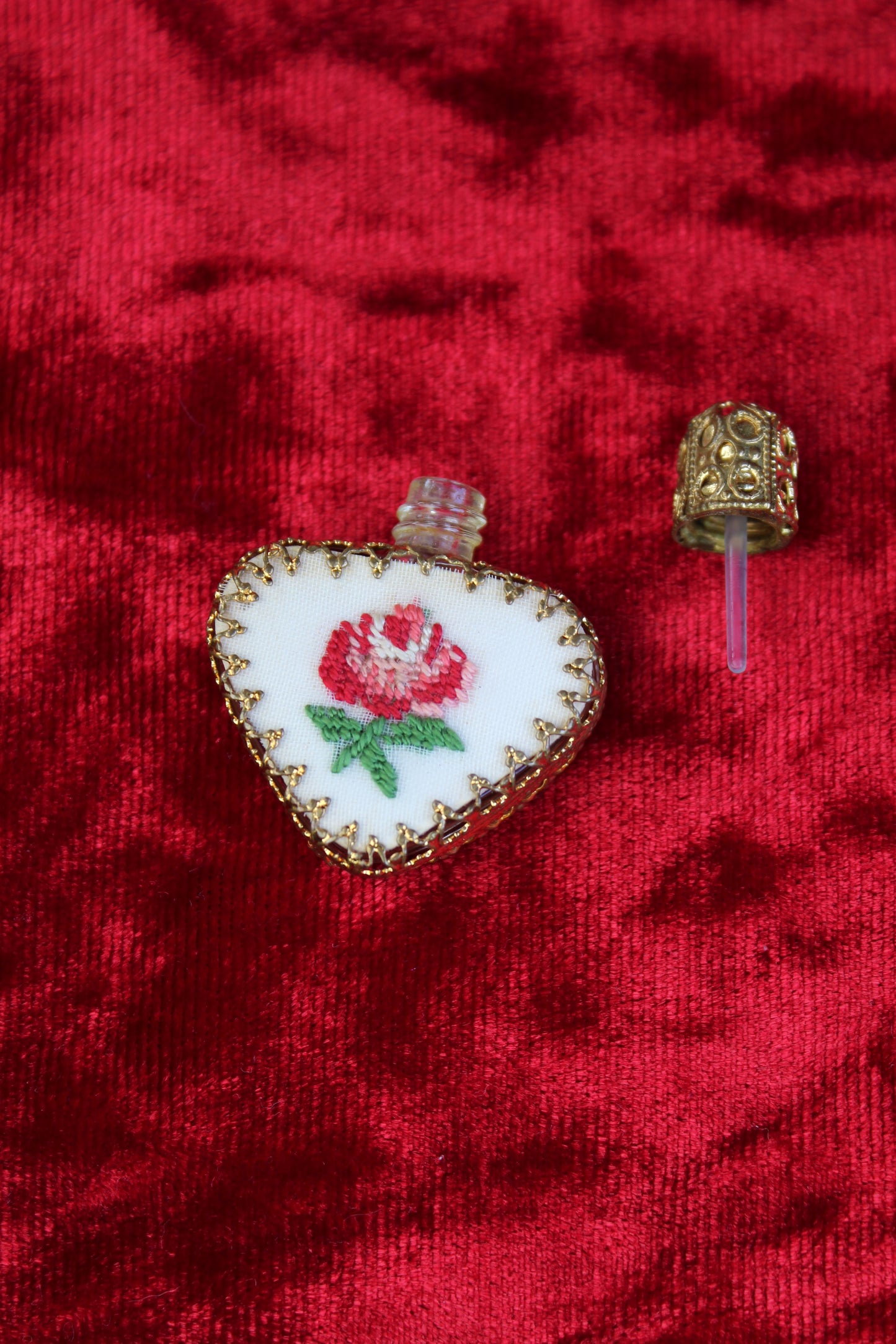 Rare Mini Austrian Heart Perfume Bottle Gold Filigree & Petit Point c. 1930s–1940s
