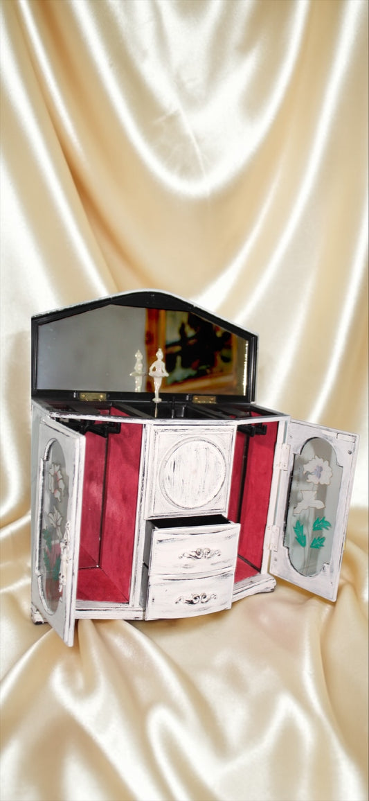 Vintage Shabby Chic Ballerina Music Jewelry box Cabinet | Rare Rotating Ballet Jewelry Armoire