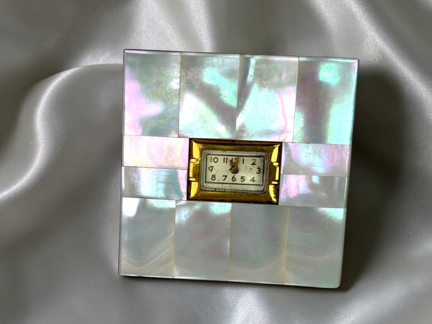 Vintage Mother of Pearl Clock Powder Compact | Mid-Century Gold Tone Vanity Compact