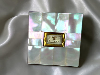 Vintage Mother of Pearl Clock Powder Compact | Mid-Century Gold Tone Vanity Compact
