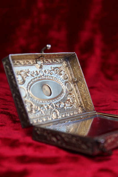 Rare Antique French Guilloché Swan Lake Compact | Jeweled Silver & Brass Vanity Case c.1920s