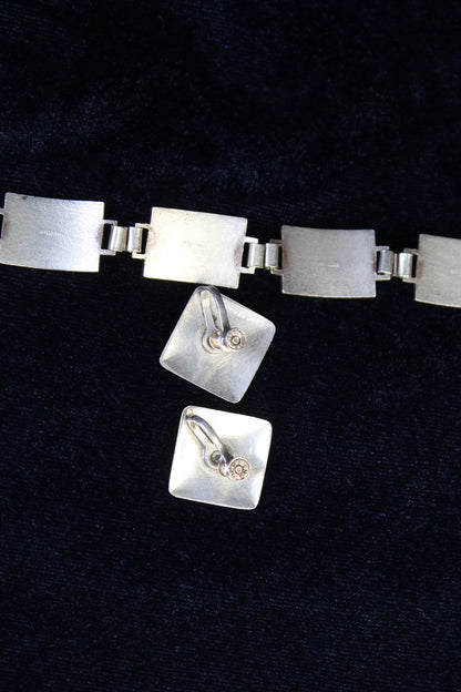 1930s Sterling Silver Guilloché Enamel Rose Bracelet & Earrings Set | Vintage Floral