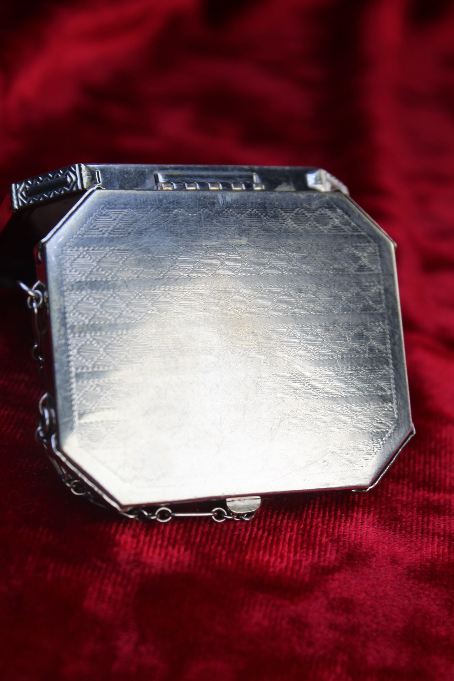 1920s Guilloché Rose Enamel Compact | Antique Art Deco Silver Tone Dance Compact with Original Powder Puff