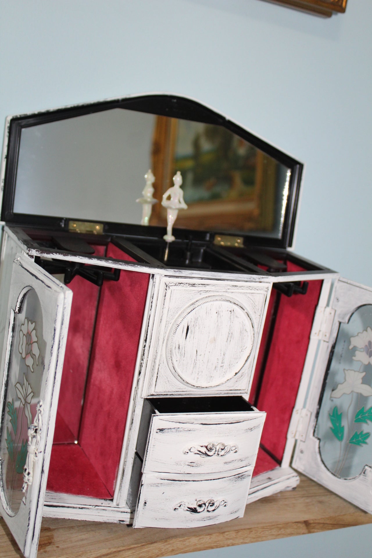 Vintage Shabby Chic Ballerina Music Jewelry box Cabinet | Rare Rotating Ballet Jewelry Armoire