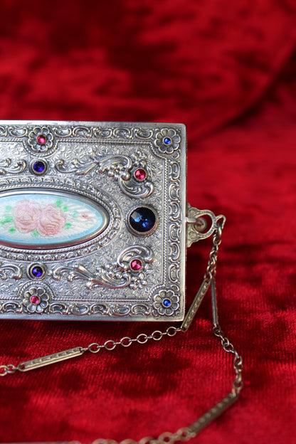 RARE Antique French Sterling Silver Guilloché Enamel Compact | Jeweled Vanity Case c. 1920s–1930s