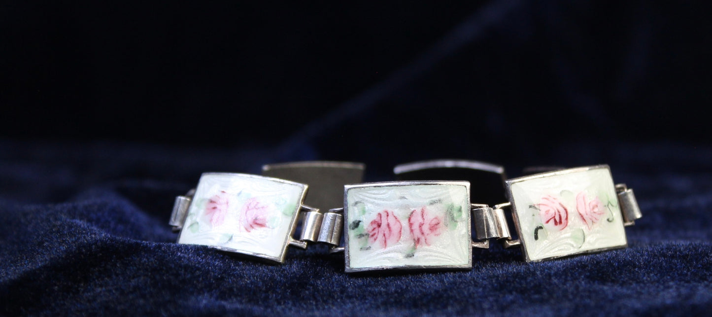 1930s Sterling Silver Guilloché Enamel Rose Bracelet & Earrings Set | Vintage Floral