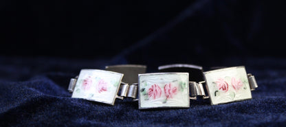 1930s Sterling Silver Guilloché Enamel Rose Bracelet & Earrings Set | Vintage Floral