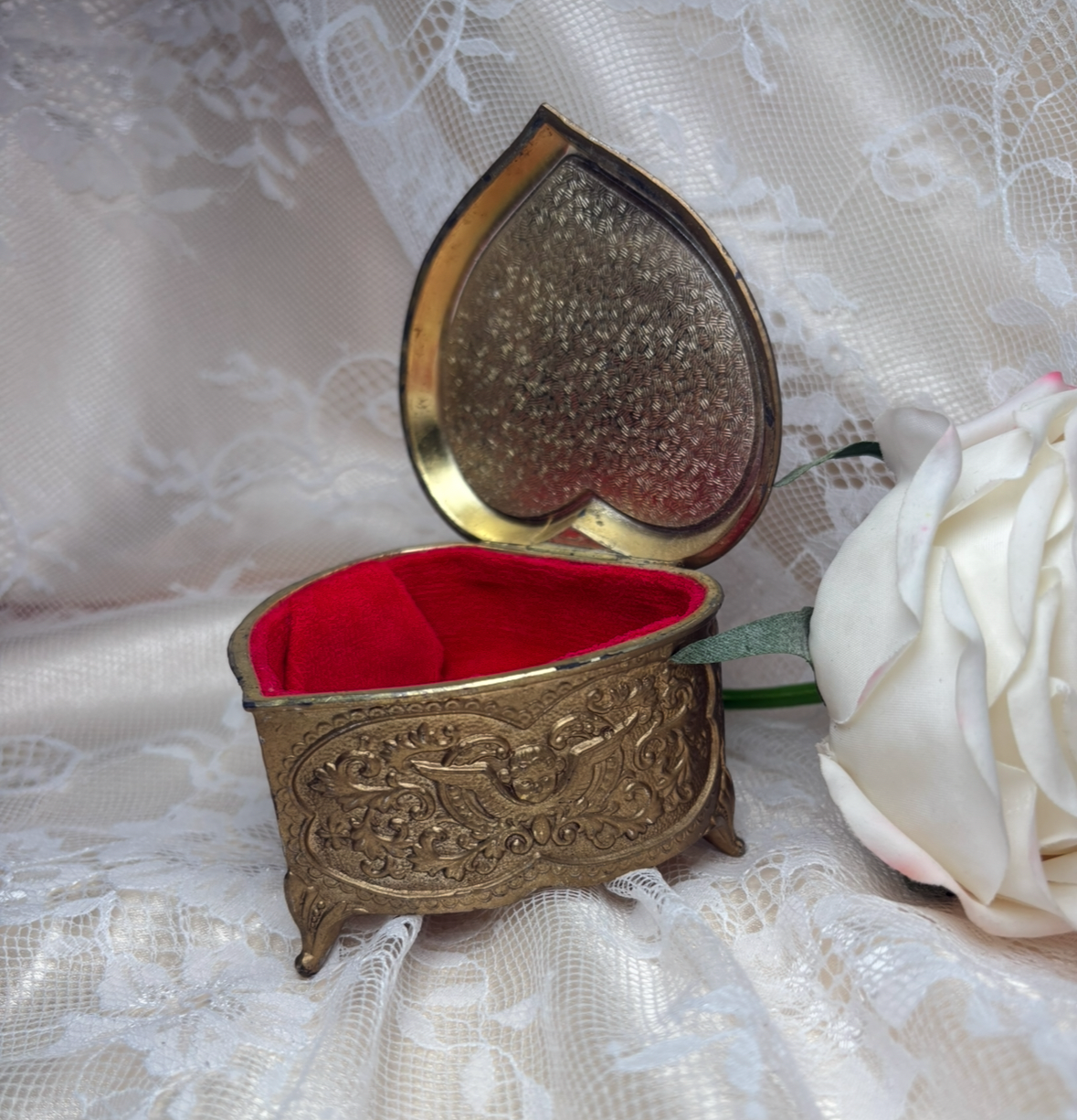 Vintage Heart-Shaped Ornate Jewelry Box | Victorian Brass Keepsake with Red Velvet Lining