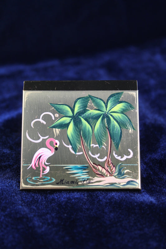 1950s Miami Florida Hand-Painted Flamingo Powder Compact | Vintage Souvenir Vanity Compact