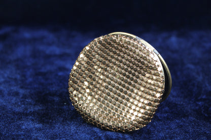 Vintage 1930s–1940s Guilloché Enamel Compact – Gold Tone Mesh Case with Rose Motif – Refillable Powder Compact