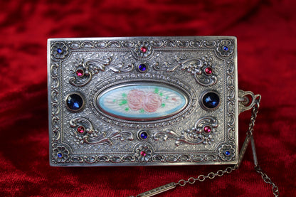 RARE Antique French Sterling Silver Guilloché Enamel Compact | Jeweled Vanity Case c. 1920s–1930s
