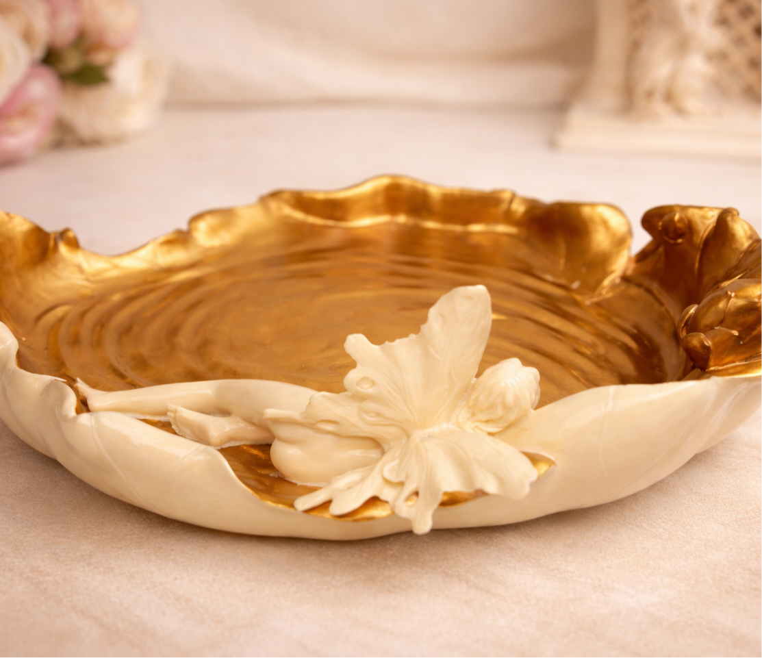 Vintage whimsical Fairy Leaf Dish Gold & Ivory Fantasy Decorative Bowl