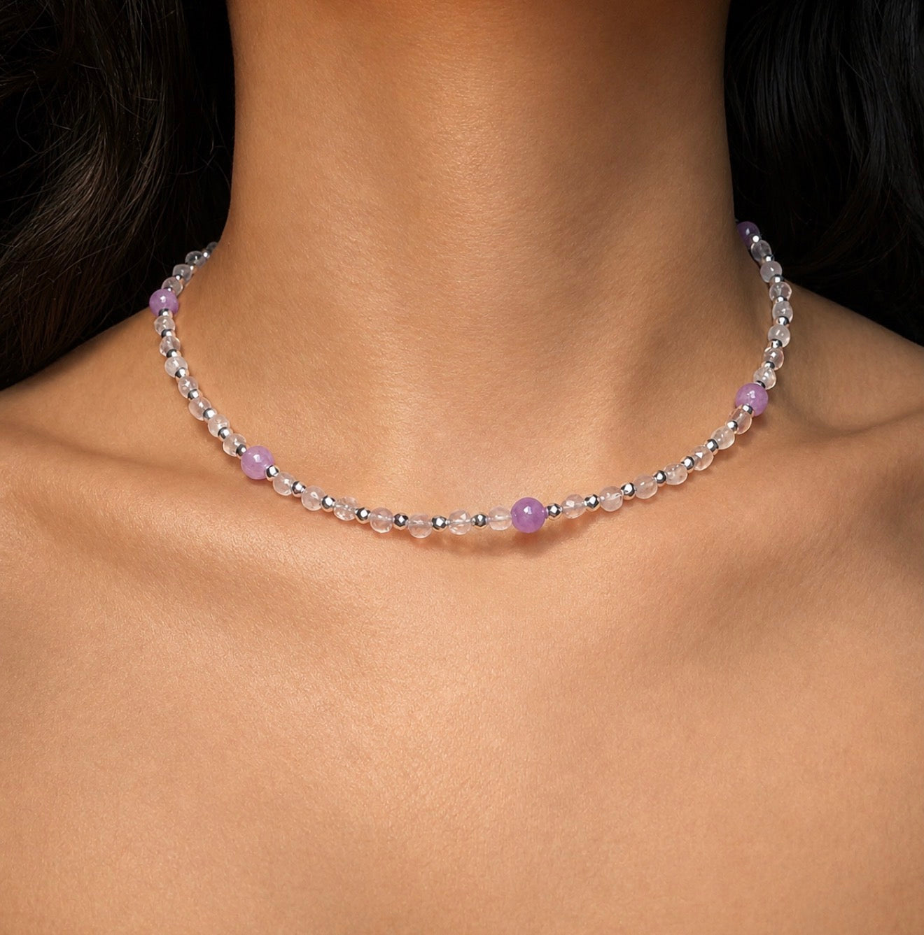 Silver Periwinkle- Purple Jade Rose Quartz Cube and Silver Hematite Choker