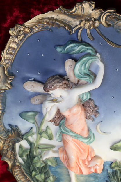Vintage Night Fairy Wall Plaque – Ornate Gold Frame, Romantic Moonlit Scene 15in