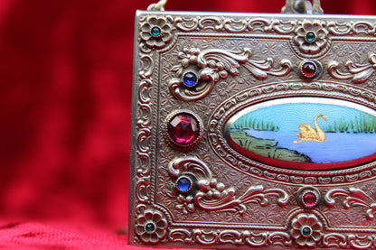 Rare Antique French Guilloché Swan Lake Compact | Jeweled Silver & Brass Vanity Case c.1920s