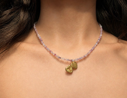 Blushing Garden · Madagascar Rose Quartz and Pink Tourmaline Saucer Necklace with Vintage Brass Double Heart Locket