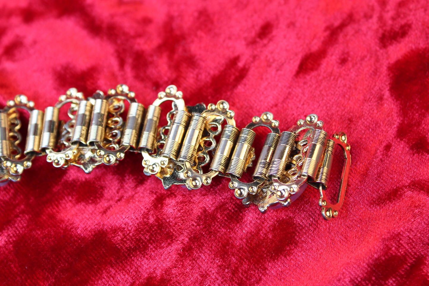 1930s Victorian Revival Gold Tone Book Chain Bracelet | Opalescent Glass & Red Garnet Rhinestones
