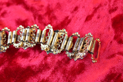1930s Victorian Revival Gold Tone Book Chain Bracelet | Opalescent Glass & Red Garnet Rhinestones