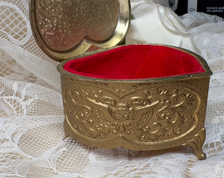 Vintage Heart-Shaped Ornate Jewelry Box | Victorian Brass Keepsake with Red Velvet Lining
