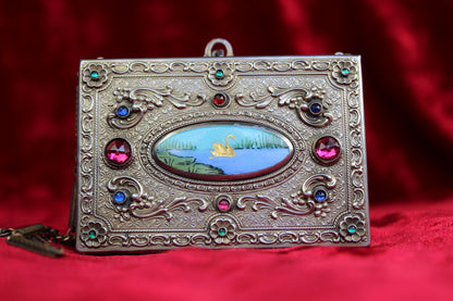 Rare Antique French Guilloché Swan Lake Compact | Jeweled Silver & Brass Vanity Case c.1920s