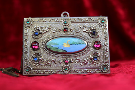 Rare Antique French Guilloché Swan Lake Compact | Jeweled Silver & Brass Vanity Case c.1920s