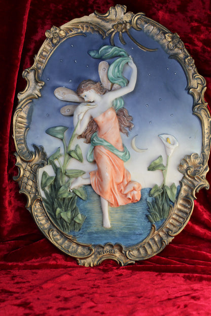 Vintage Night Fairy Wall Plaque – Ornate Gold Frame, Romantic Moonlit Scene 15in