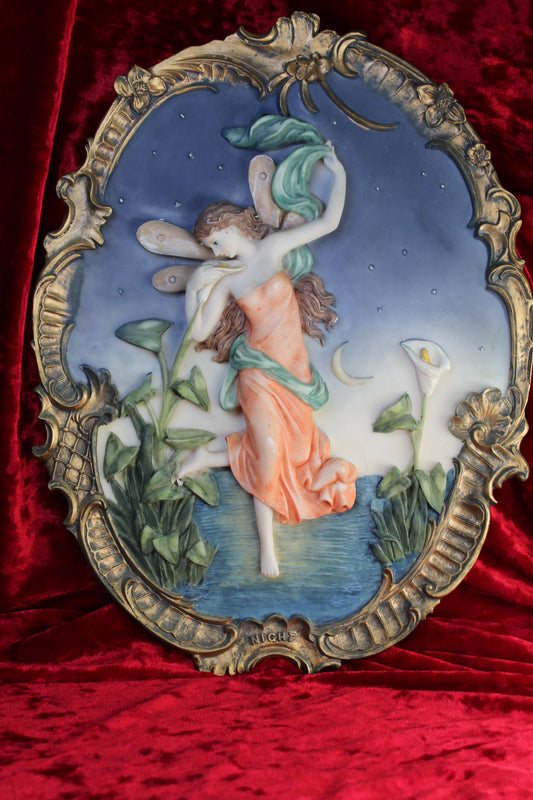 Vintage Night Fairy Wall Plaque – Ornate Gold Frame, Romantic Moonlit Scene 15in