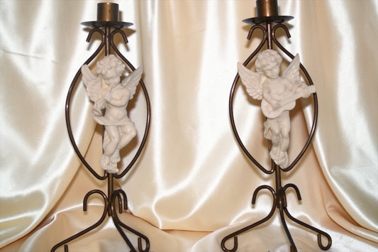 Vintage Brass Cherub Candle Holders Set of Two Angel Figurines
