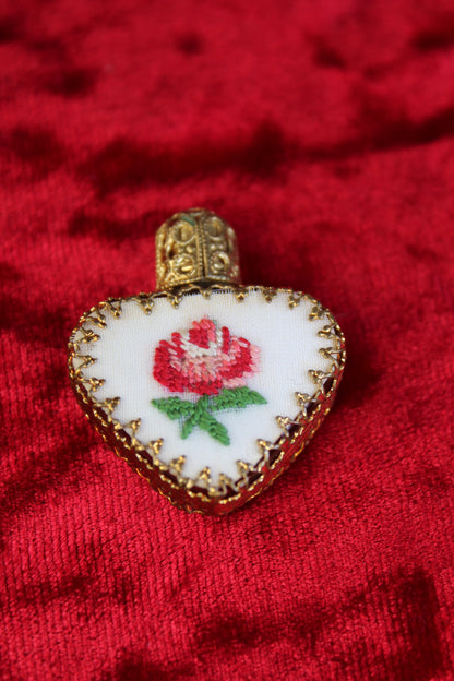 Rare Mini Austrian Heart Perfume Bottle Gold Filigree & Petit Point c. 1930s–1940s