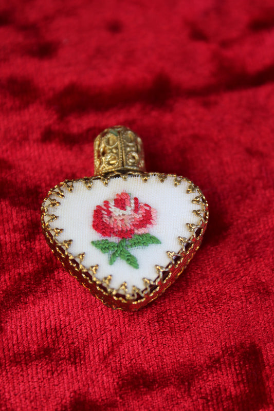 Rare Mini Austrian Heart Perfume Bottle Gold Filigree & Petit Point c. 1930s–1940s