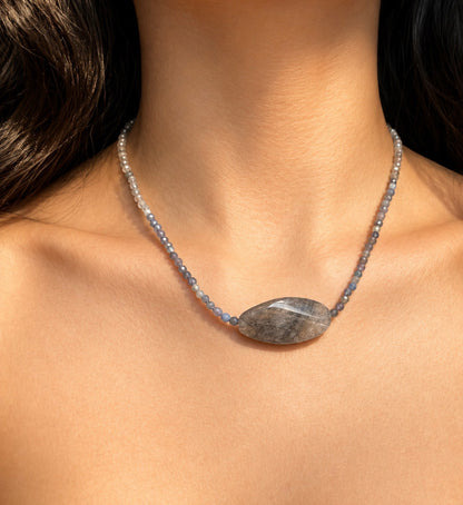 Twilight Shore · Natural Labradorite Tanzanite and Black Rutilated Quartz Cabochon Necklace