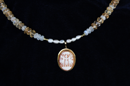 18k Handcarved Vintage italian cameo with gemstone and pearl necklace