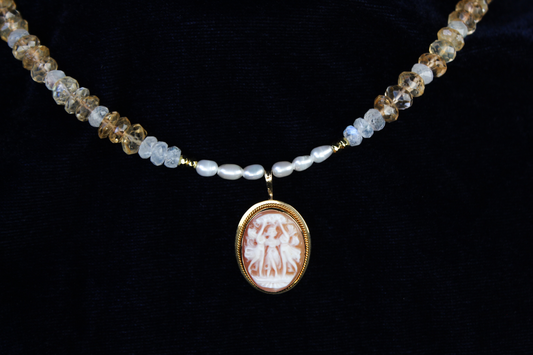18K gold necklace with a hand-carved Italian cameo pendant, citrine, rainbow moonstones, and pearls.